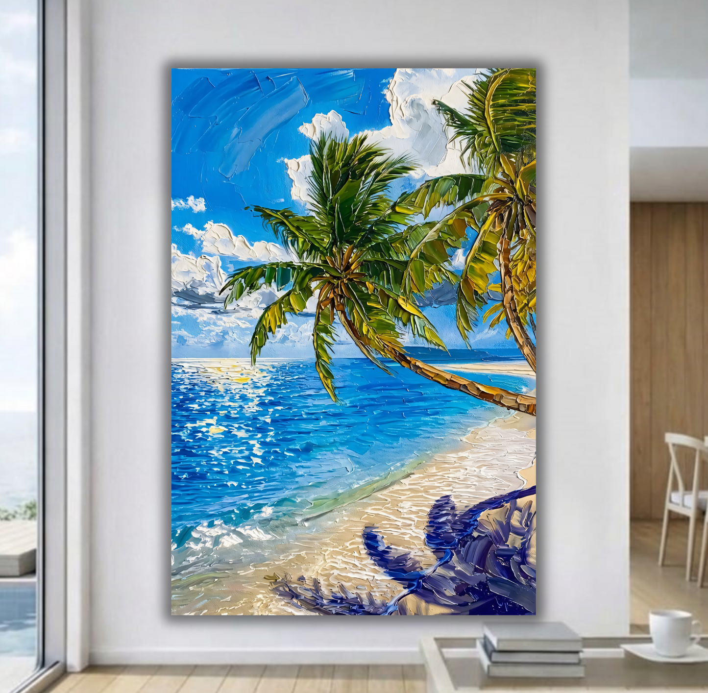 Tropical Palm Tree Beach Canvas Wall Art - Textured Ocean Sunset Landscape Print