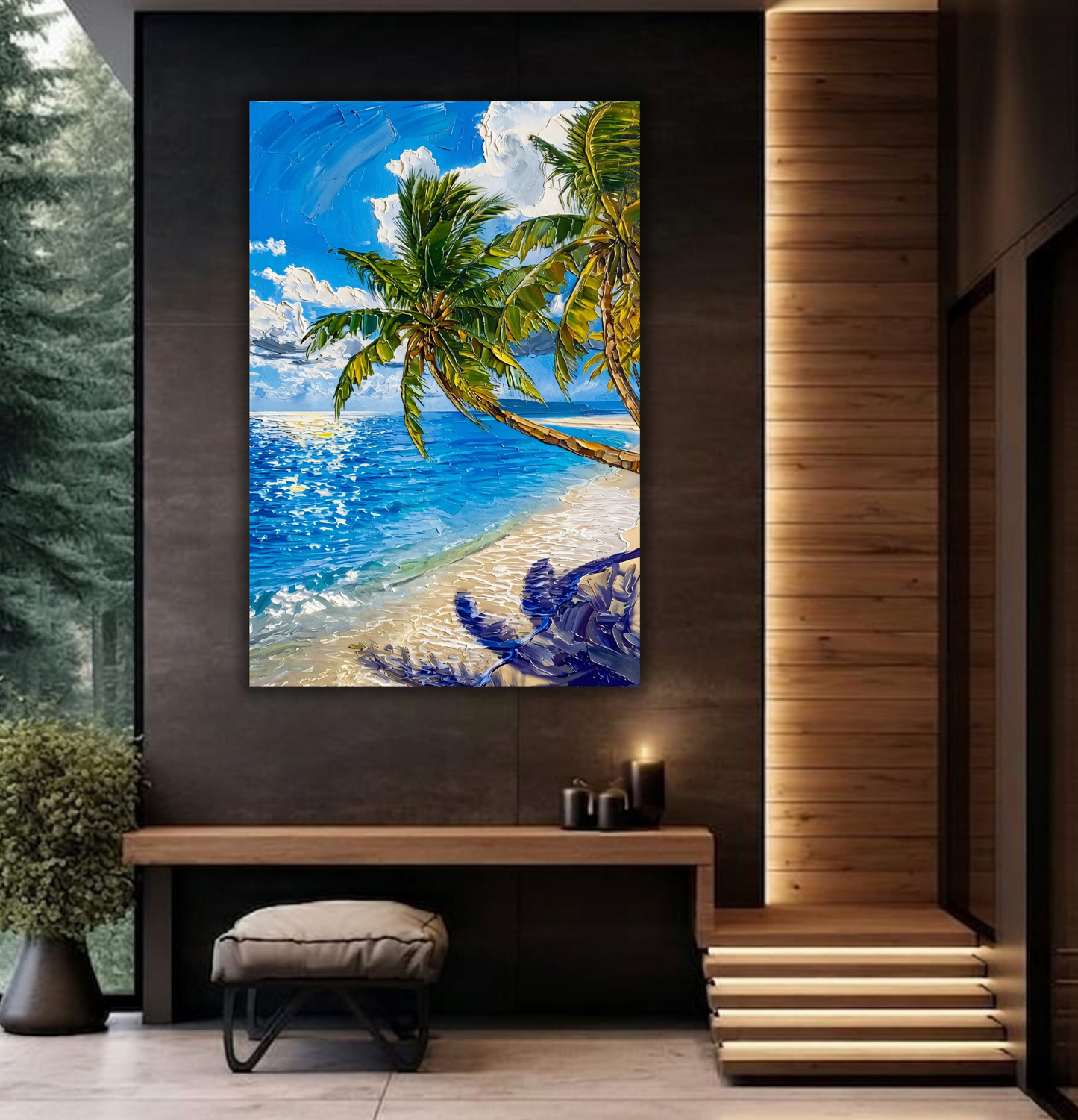 Tropical Palm Tree Beach Canvas Wall Art - Textured Ocean Sunset Landscape Print