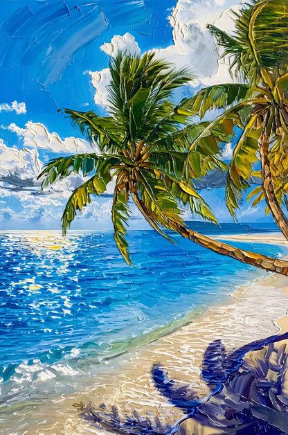 Tropical Palm Tree Beach Canvas Wall Art - Textured Ocean Sunset Landscape Print