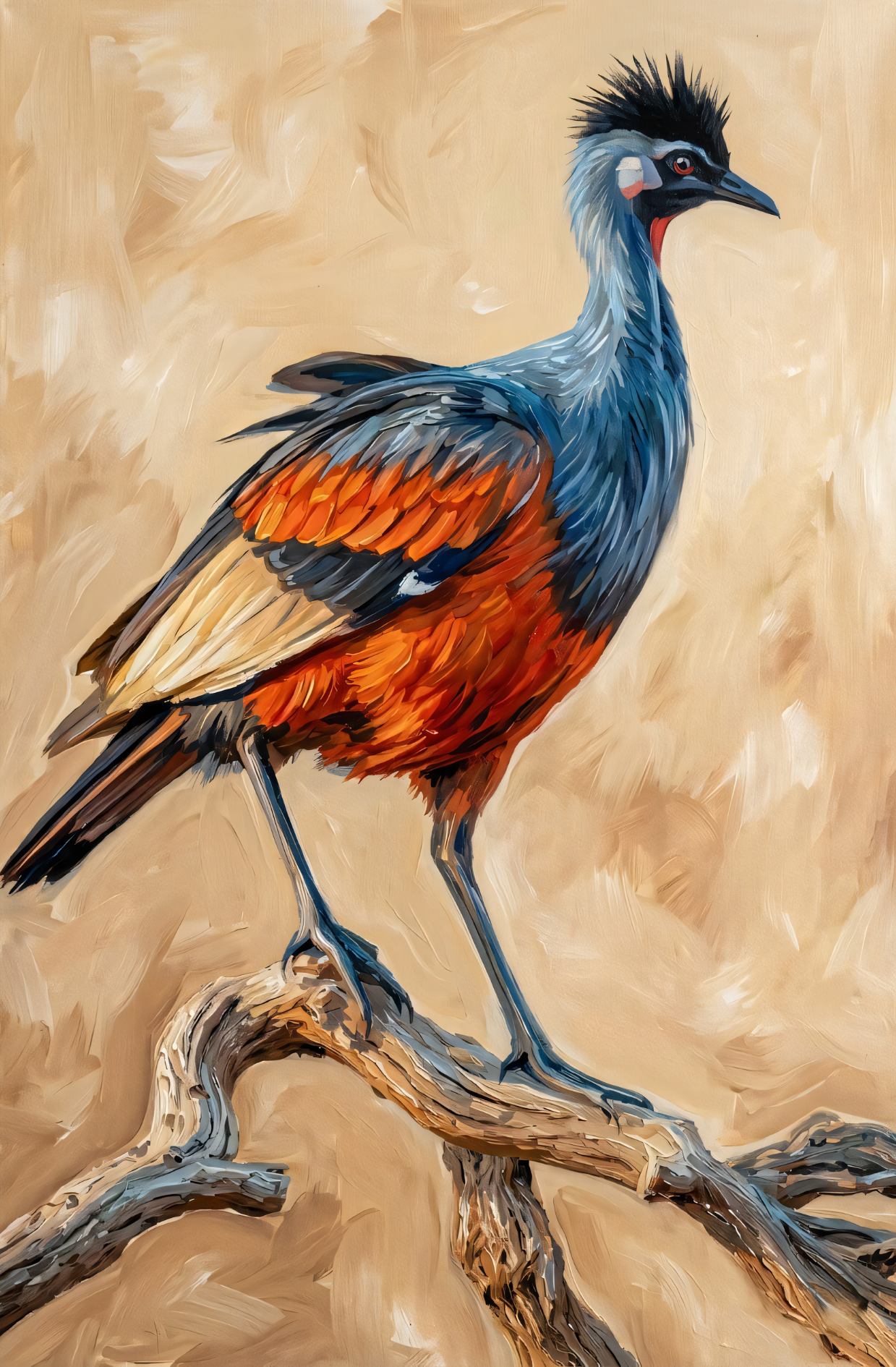 Regal Crested Bird Canvas Art Print - Impasto Style Textured Wildlife Wall Decor