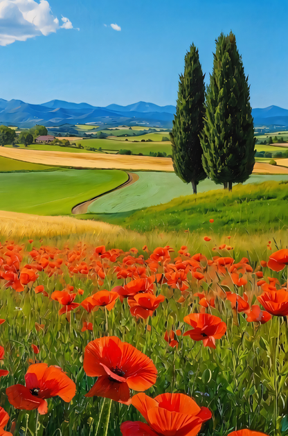 Tuscan Poppy Field Canvas Art Print - European Landscape Wall Decor with Cypress Trees
