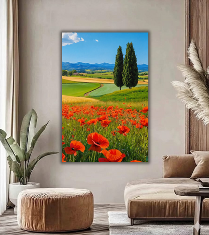 Tuscan Poppy Field Canvas Art Print - European Landscape Wall Decor with Cypress Trees