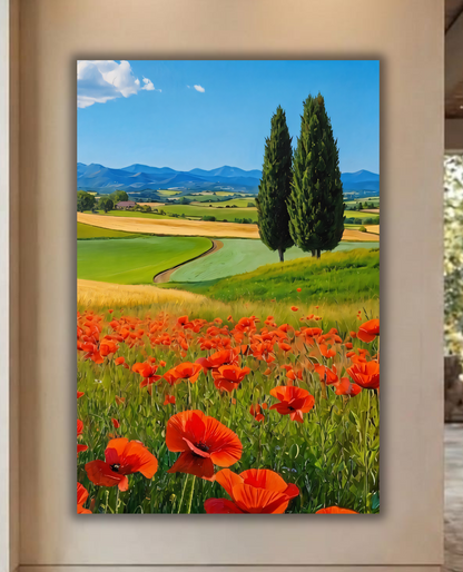 Tuscan Poppy Field Canvas Art Print - European Landscape Wall Decor with Cypress Trees