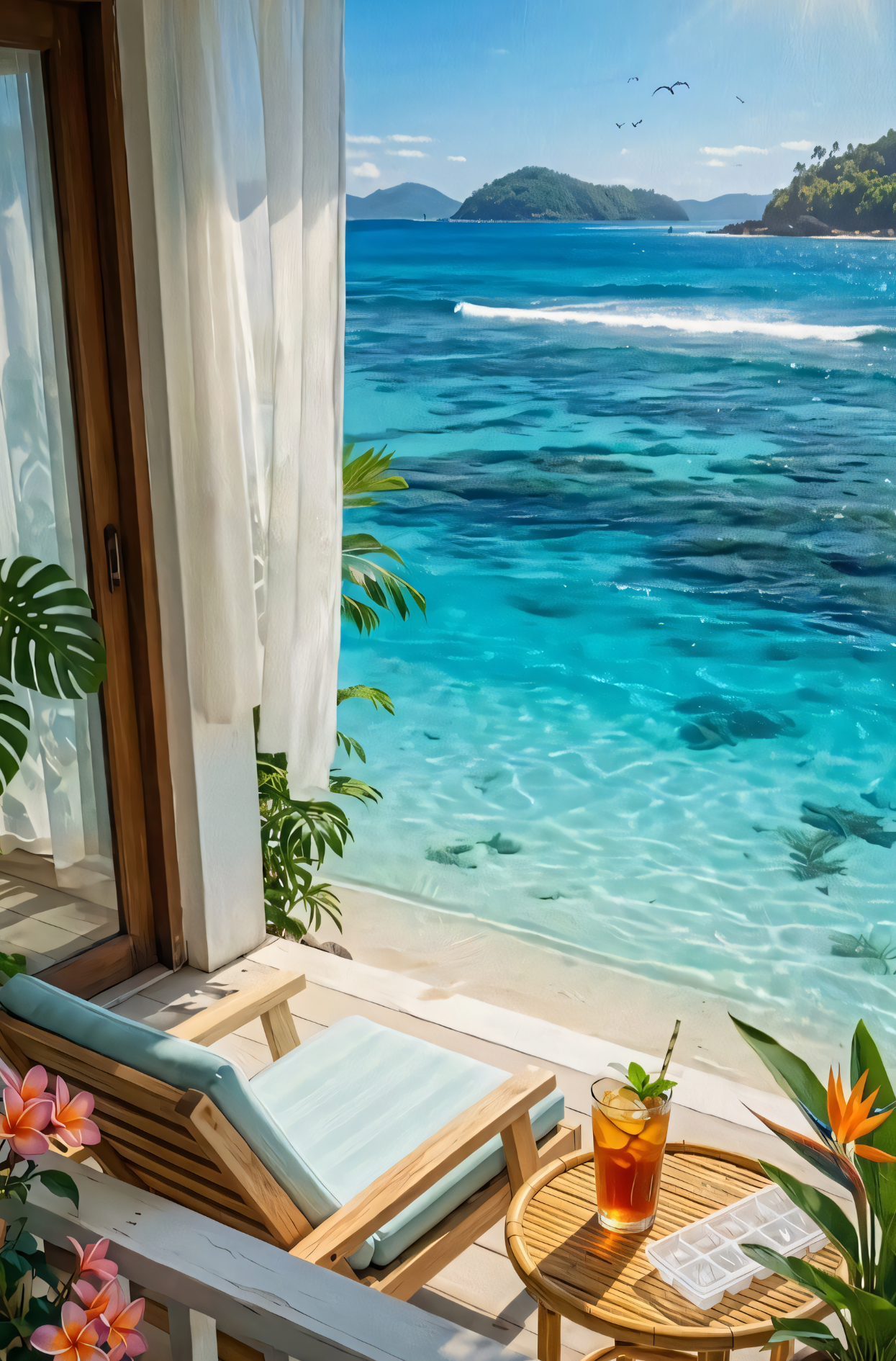 Tropical Ocean View Balcony Canvas Art Print - Coastal Beach Resort Wall Decor