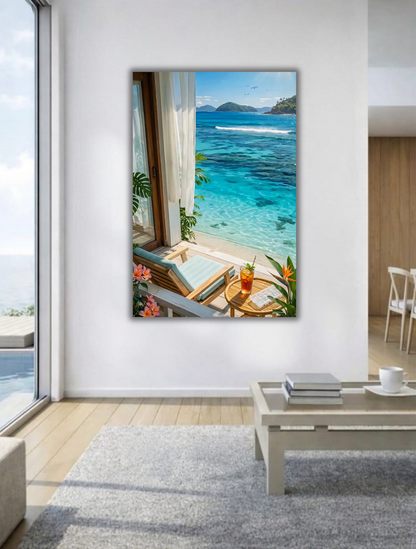 Tropical Ocean View Balcony Canvas Art Print - Coastal Beach Resort Wall Decor