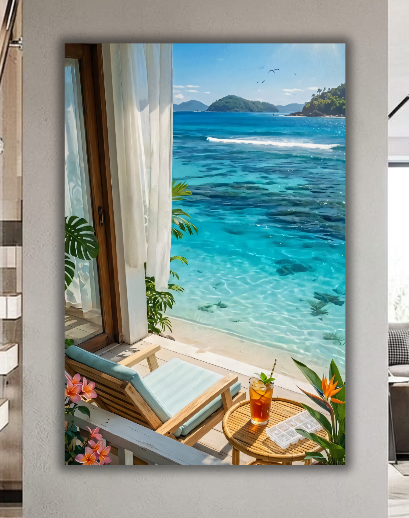 Tropical Ocean View Balcony Canvas Art Print - Coastal Beach Resort Wall Decor