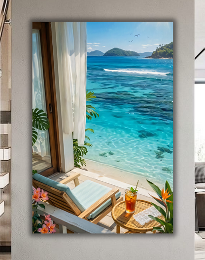 Tropical Ocean View Balcony Canvas Art Print - Coastal Beach Resort Wall Decor