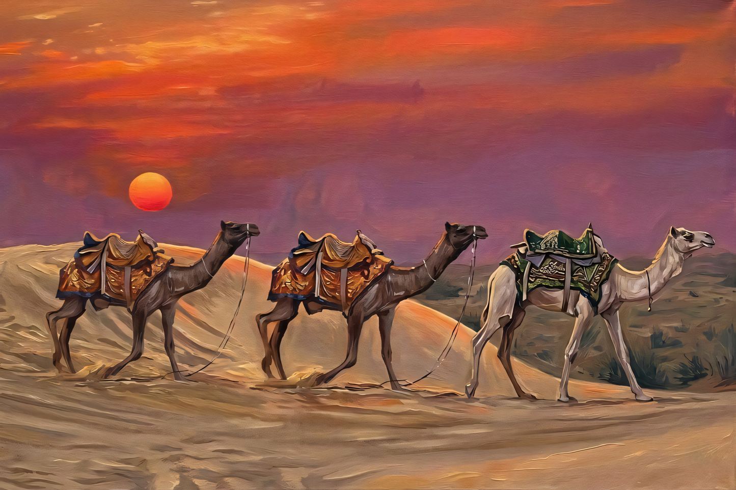 Desert Camel Caravan Canvas Art Print - Sunset Dunes Wildlife Wall Decor