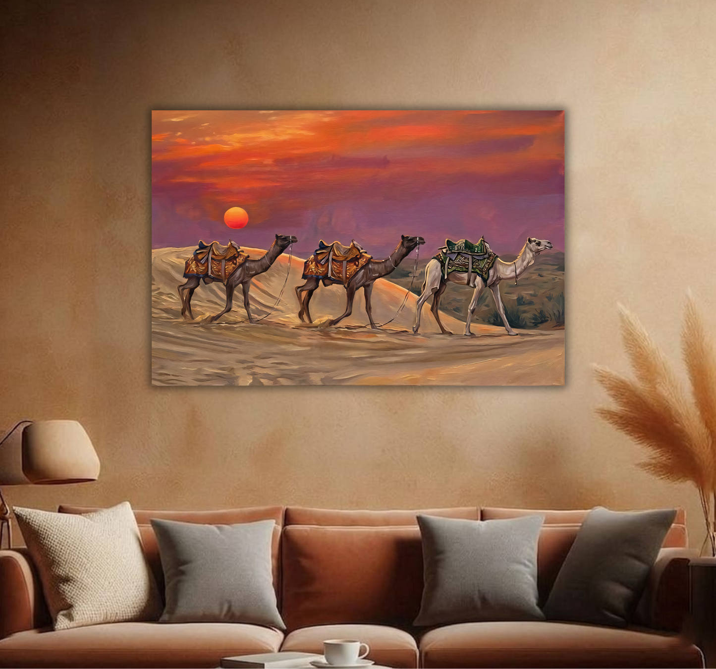 Desert Camel Caravan Canvas Art Print - Sunset Dunes Wildlife Wall Decor