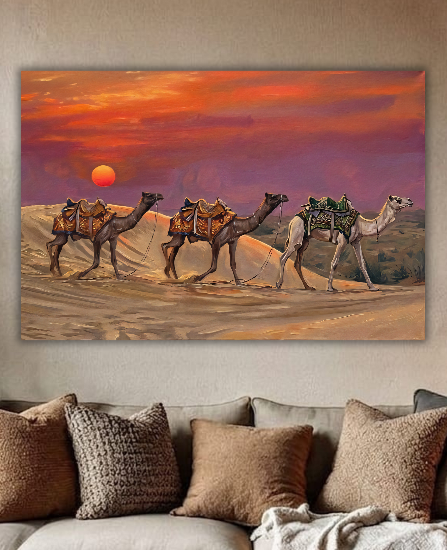 Desert Camel Caravan Canvas Art Print - Sunset Dunes Wildlife Wall Decor