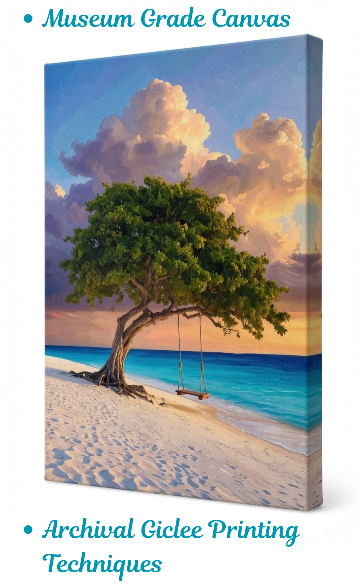 Tropical Beach Tree with Swing Canvas Wall Art - Ocean Sunset Landscape Print