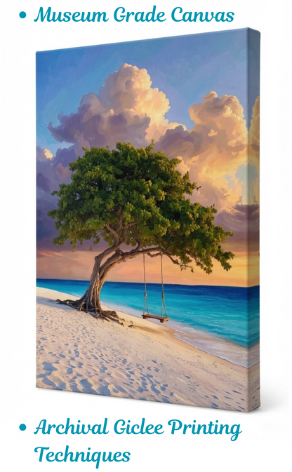Tropical Beach Tree with Swing Canvas Wall Art - Ocean Sunset Landscape Print