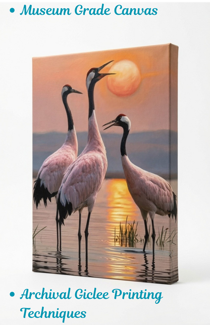 Red-Crowned Cranes Sunset Canvas Wall Art - Elegant Japanese Wildlife Print
