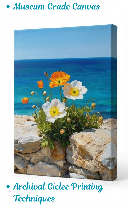 Coastal Poppies Ocean Canvas Wall Art - Wildflowers by the Sea Landscape Print