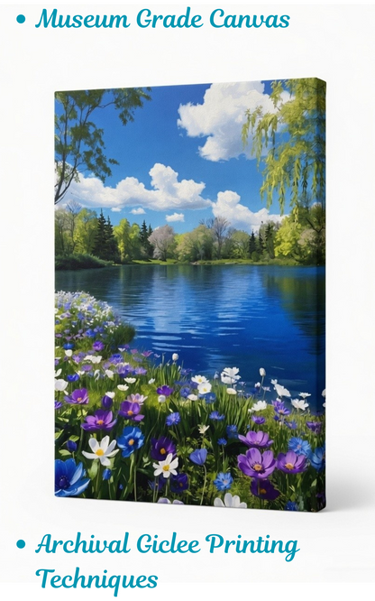 Lakeside Wildflowers Canvas Wall Art - Spring Meadow Lake Landscape Print