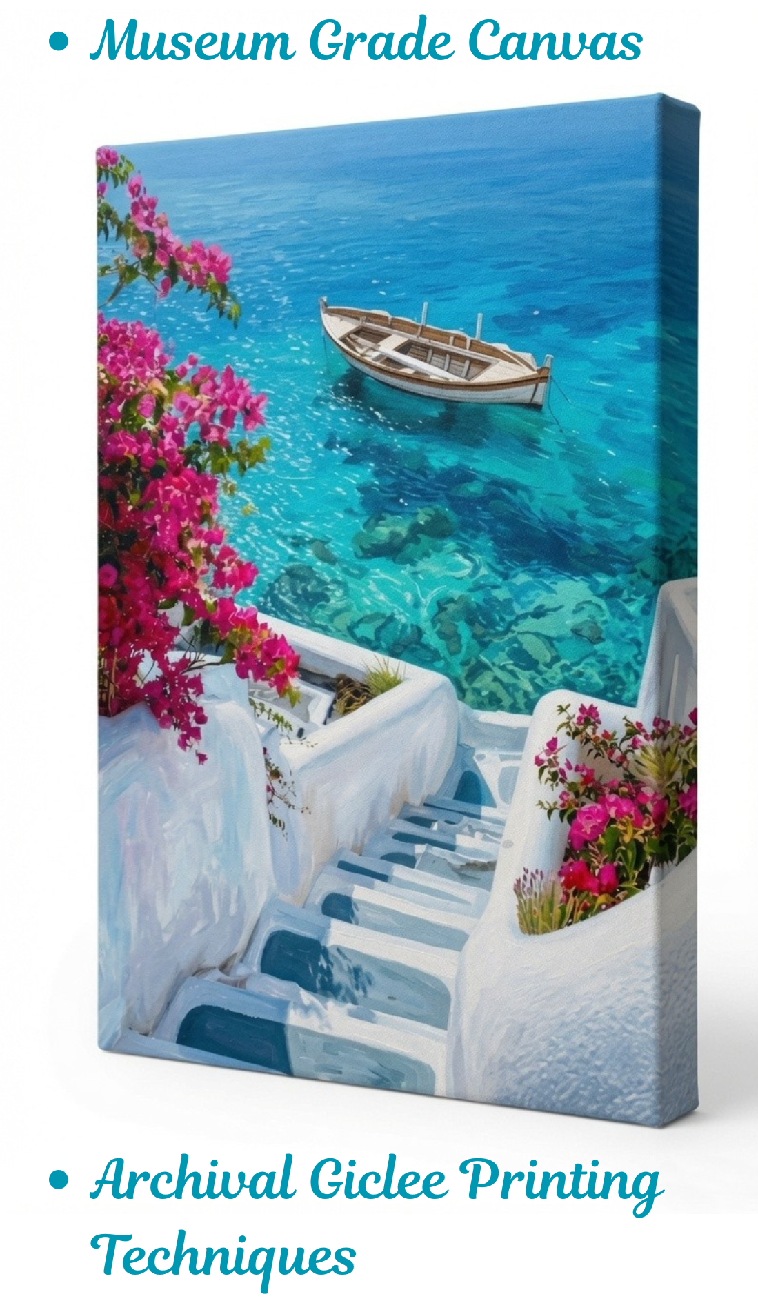 Greece Santorini Coastal Canvas Wall Art - Mediterranean Boat & Bougainvillea Print