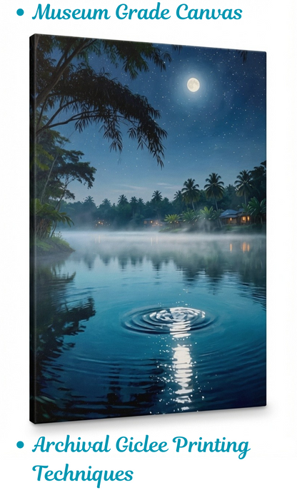 Full Moon Tropical Lagoon Canvas Wall Art - Starry Night Jungle Landscape Print
