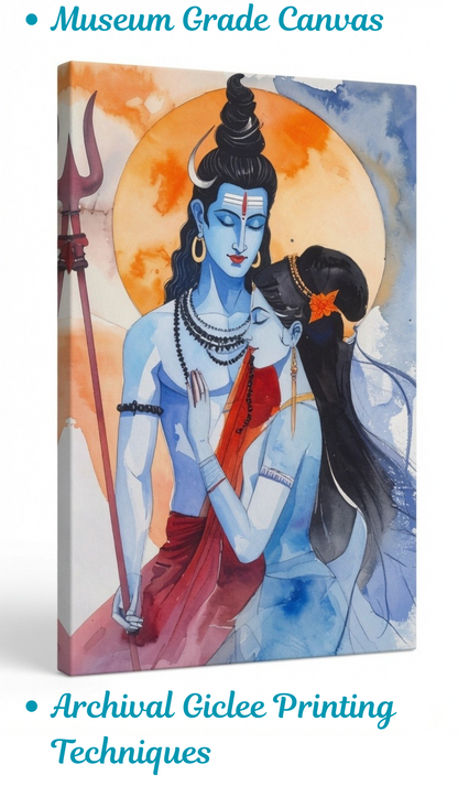 Shiva Parvati Watercolor Canvas Wall Art - Divine Love Spiritual Hindu Portrait