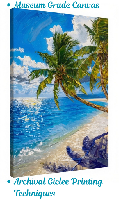 Tropical Palm Tree Beach Canvas Wall Art - Textured Ocean Sunset Landscape Print