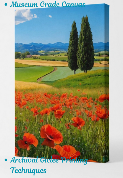 Tuscan Poppy Field Canvas Art Print - European Landscape Wall Decor with Cypress Trees