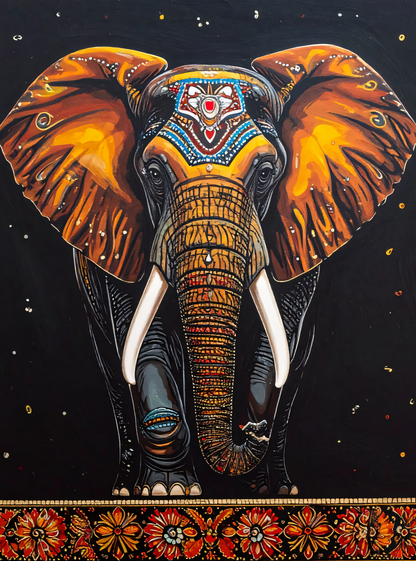 Golden Imperial Elephant Canvas Art Print - Ornate Tribal Wildlife Wall Decor