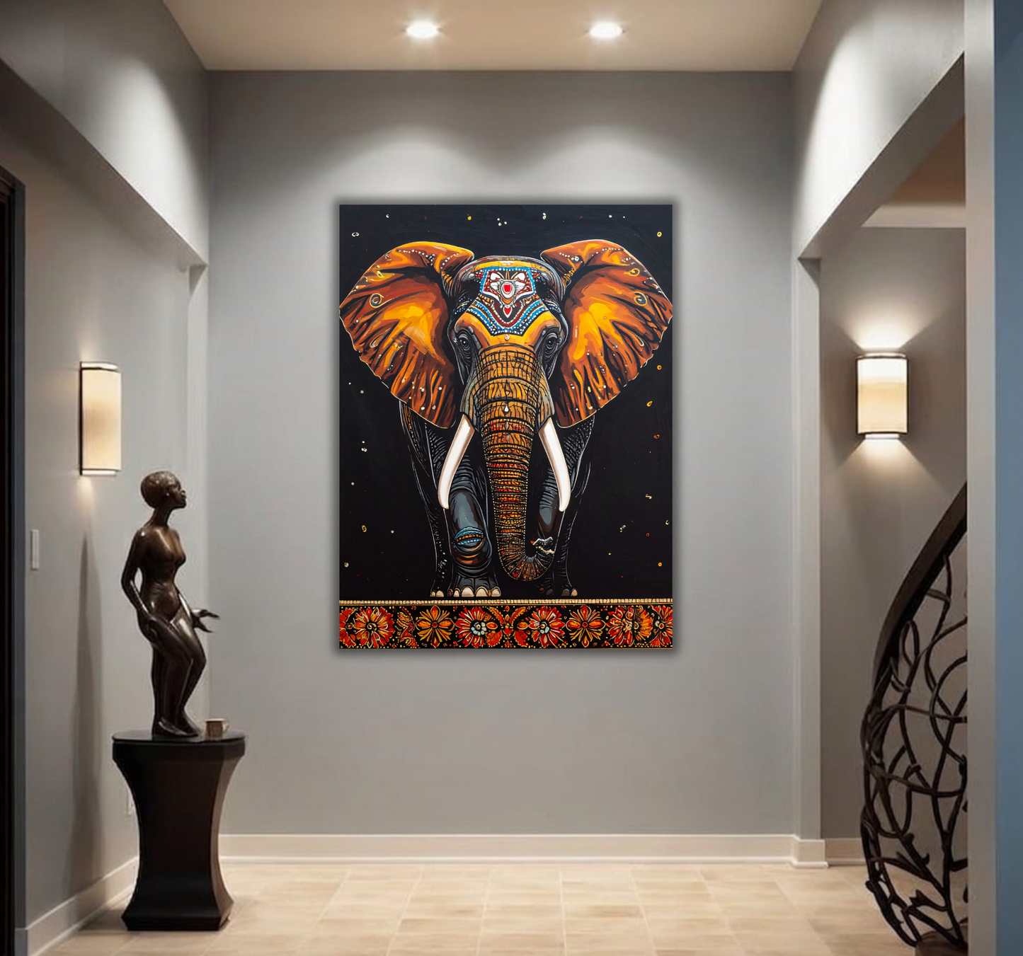 Golden Imperial Elephant Canvas Art Print - Ornate Tribal Wildlife Wall Decor