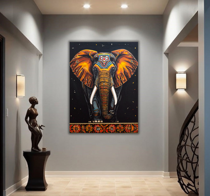 Golden Imperial Elephant Canvas Art Print - Ornate Tribal Wildlife Wall Decor