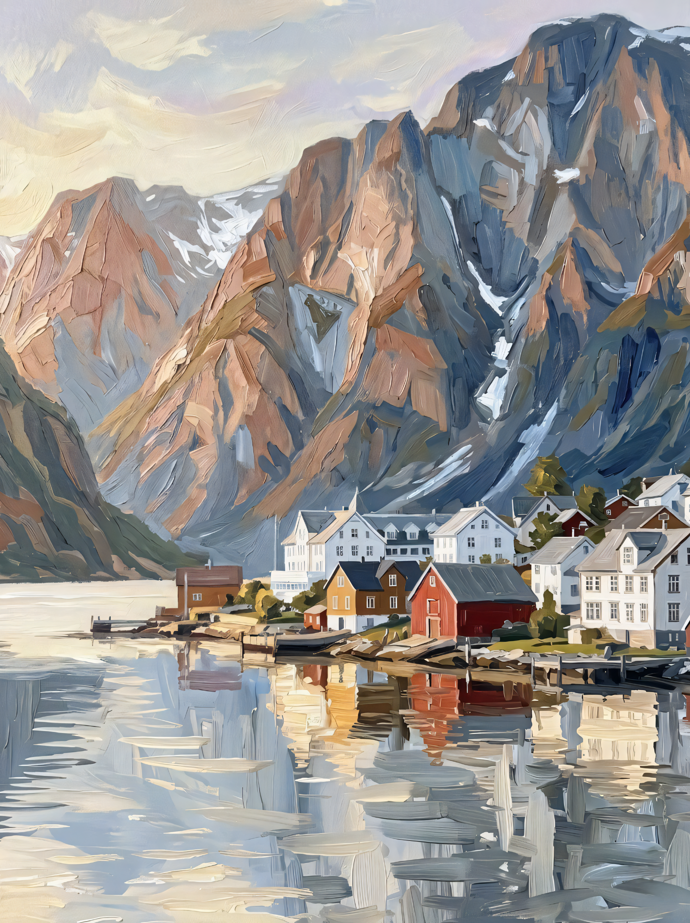 Nordic Fishing Village Canvas Art Print - Scandinavian Mountain Landscape Wall Decor