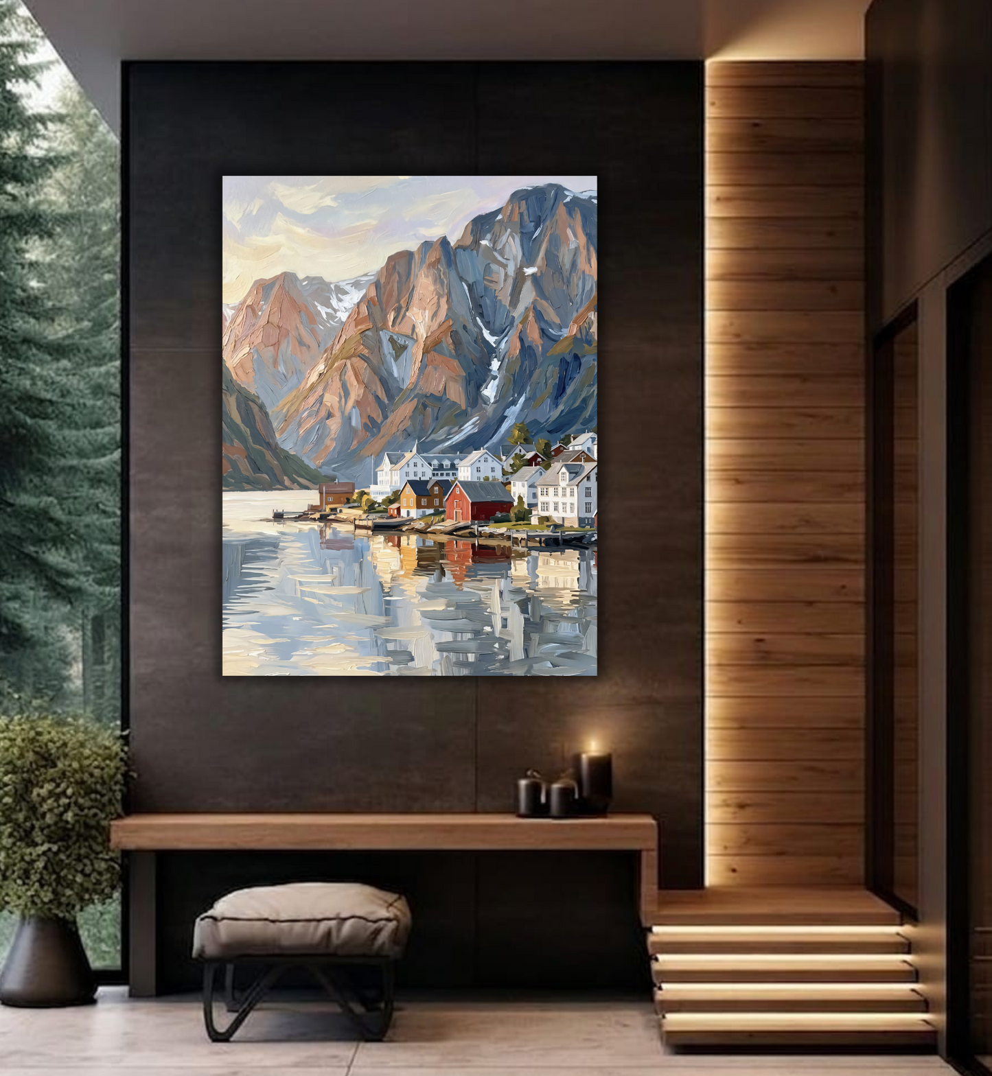 Nordic Fishing Village Canvas Art Print - Scandinavian Mountain Landscape Wall Decor
