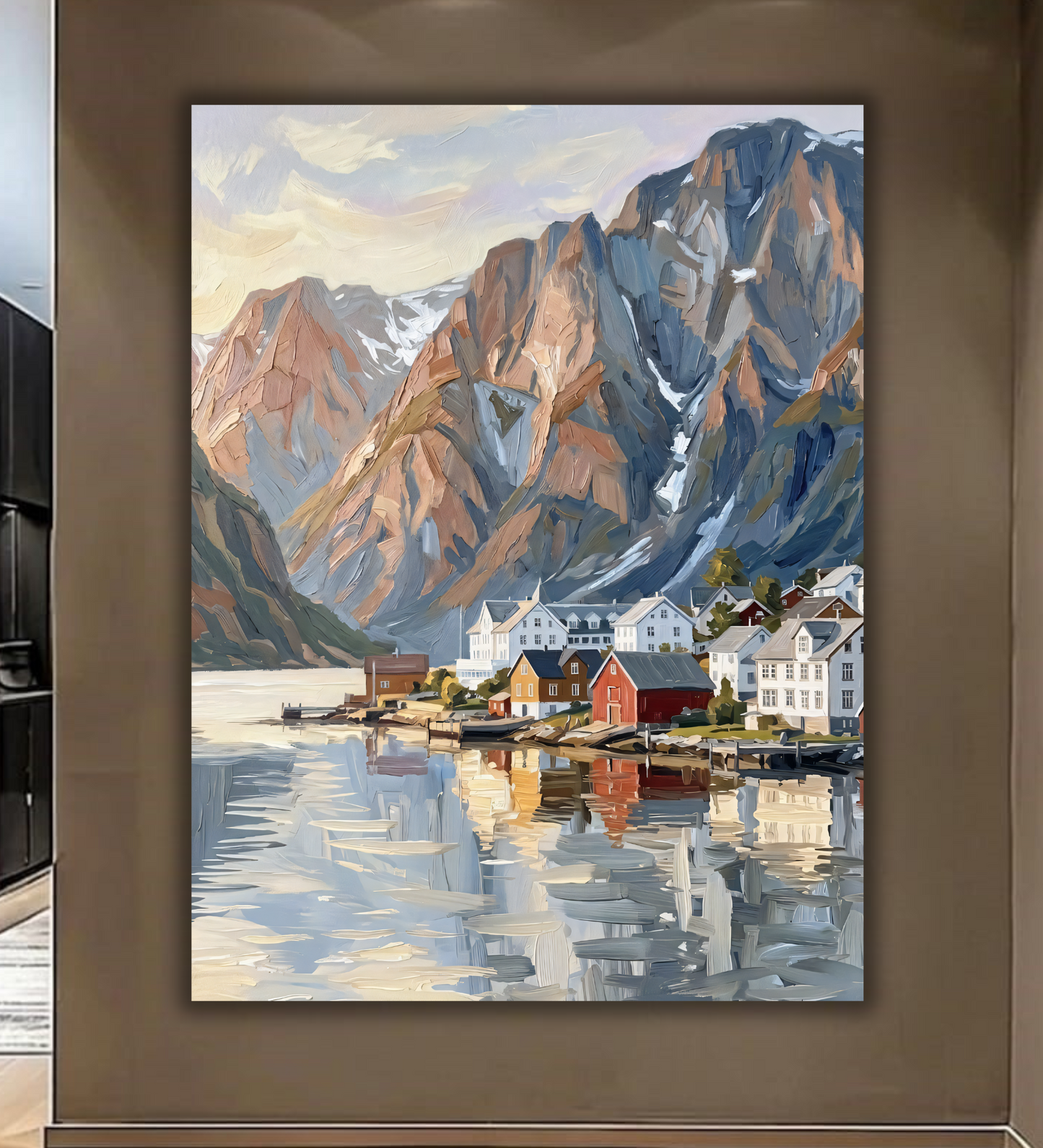 Nordic Fishing Village Canvas Art Print - Scandinavian Mountain Landscape Wall Decor