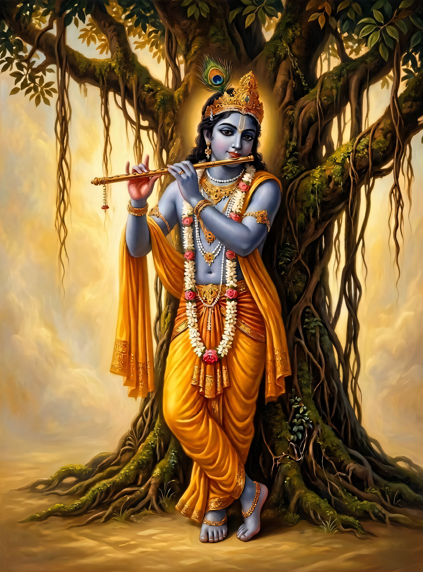Lord Krishna Canvas Art Print - Divine Flute Player under Banyan Tree Spiritual Wall Decor