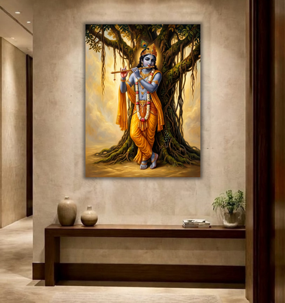 Lord Krishna Canvas Art Print - Divine Flute Player under Banyan Tree Spiritual Wall Decor