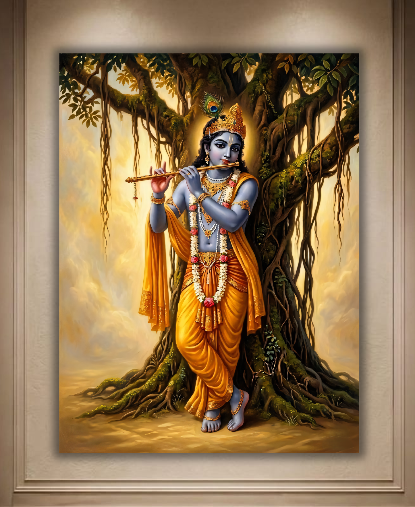 Lord Krishna Canvas Art Print - Divine Flute Player under Banyan Tree Spiritual Wall Decor