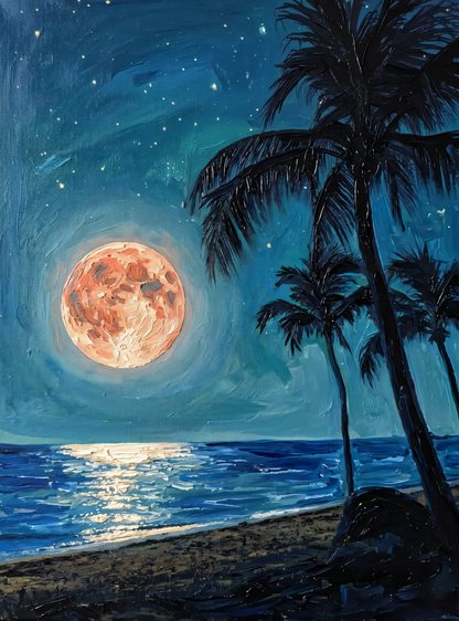 Tropical Full Moon Beach Canvas Art Print - Night Seascape Wall Decor with Palm Trees
