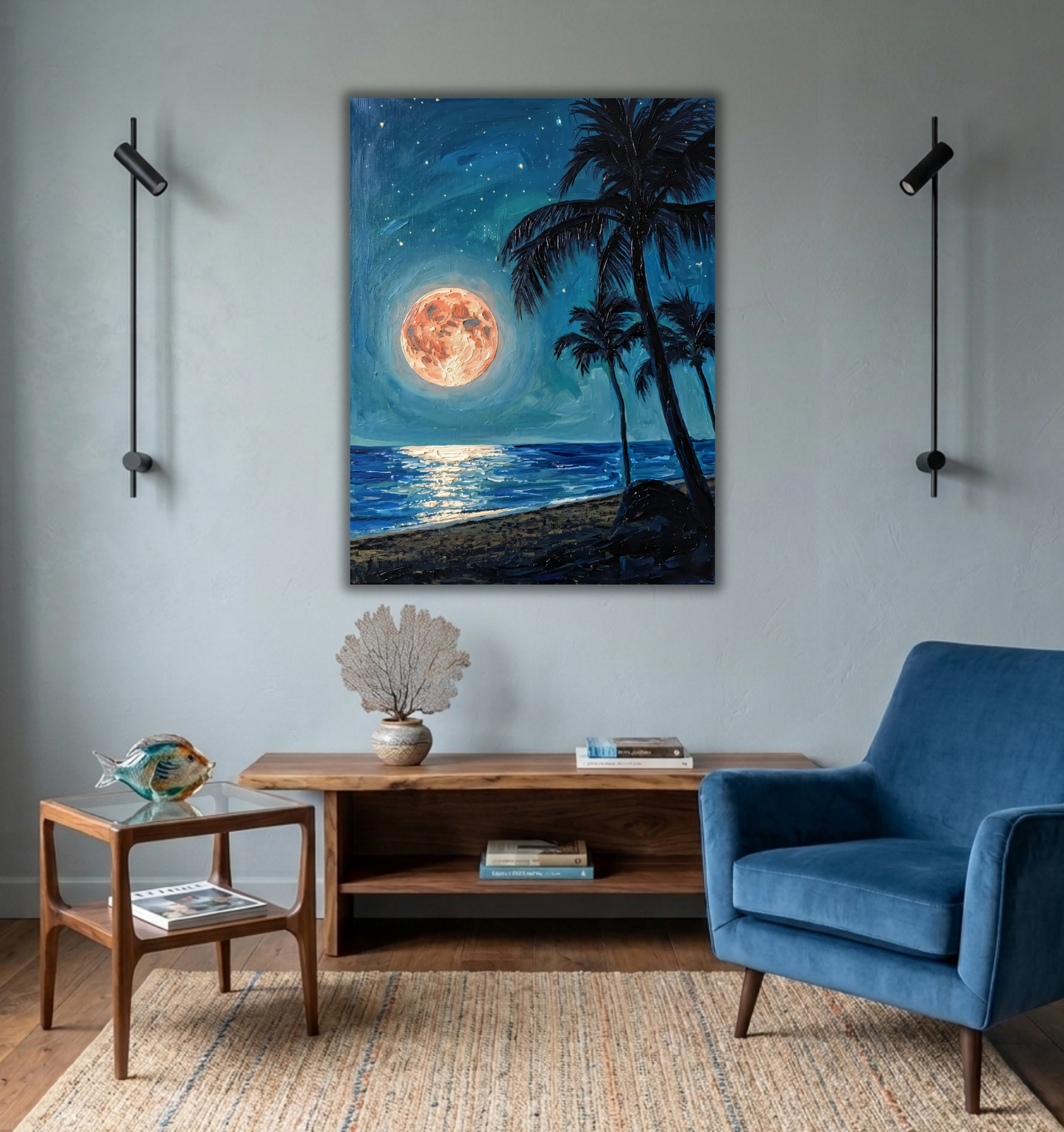 Tropical Full Moon Beach Canvas Art Print - Night Seascape Wall Decor with Palm Trees