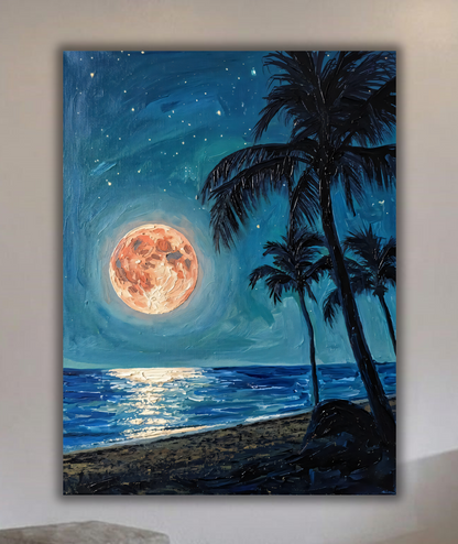 Tropical Full Moon Beach Canvas Art Print - Night Seascape Wall Decor with Palm Trees