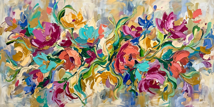 Abstract Floral Garden Canvas Art Print - Horizontal Expressionist Flower Wall Decor