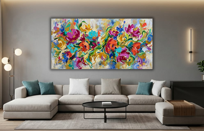Abstract Floral Garden Canvas Art Print - Horizontal Expressionist Flower Wall Decor