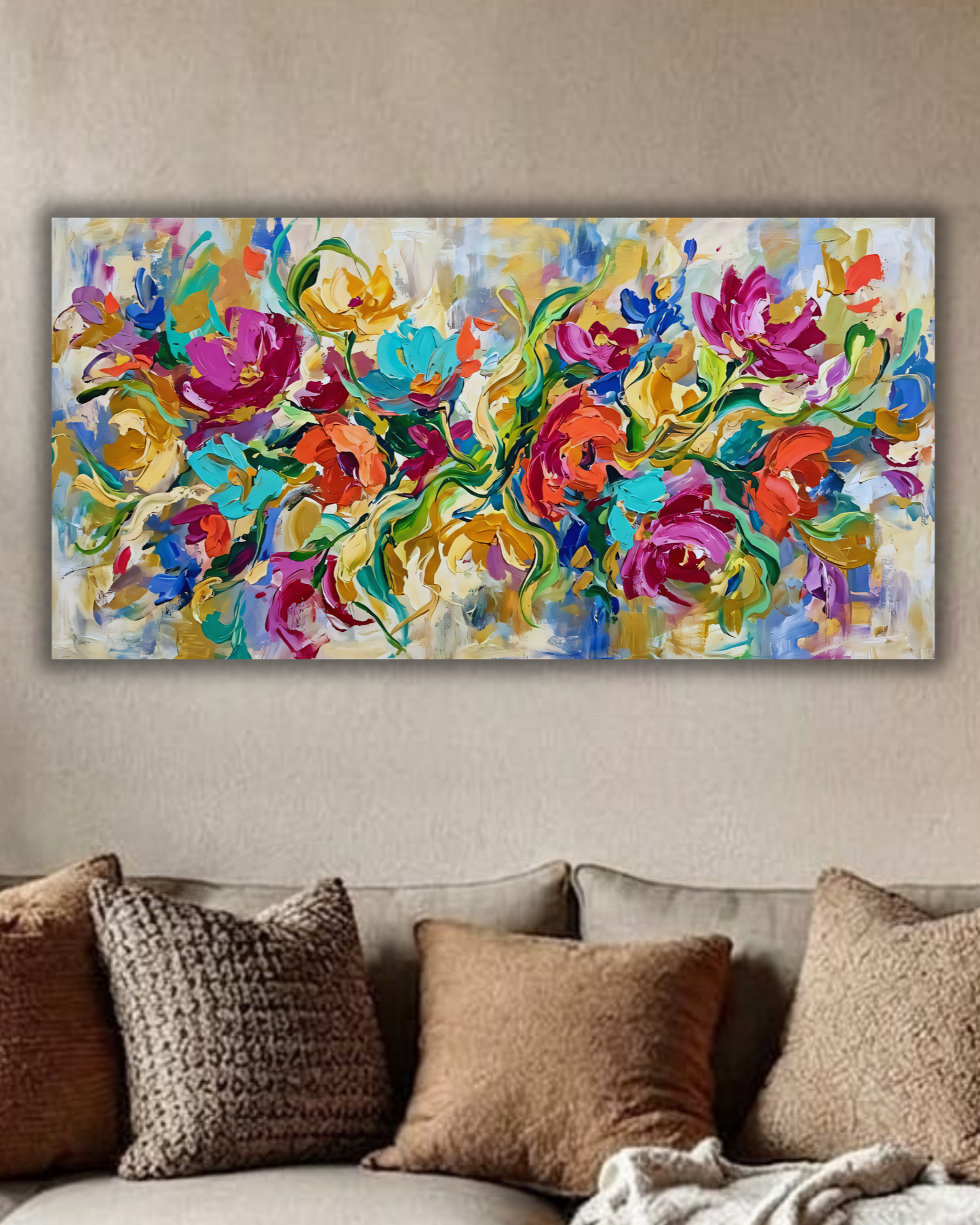 Abstract Floral Garden Canvas Art Print - Horizontal Expressionist Flower Wall Decor