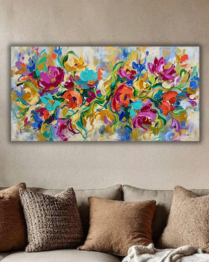 Abstract Floral Garden Canvas Art Print - Horizontal Expressionist Flower Wall Decor