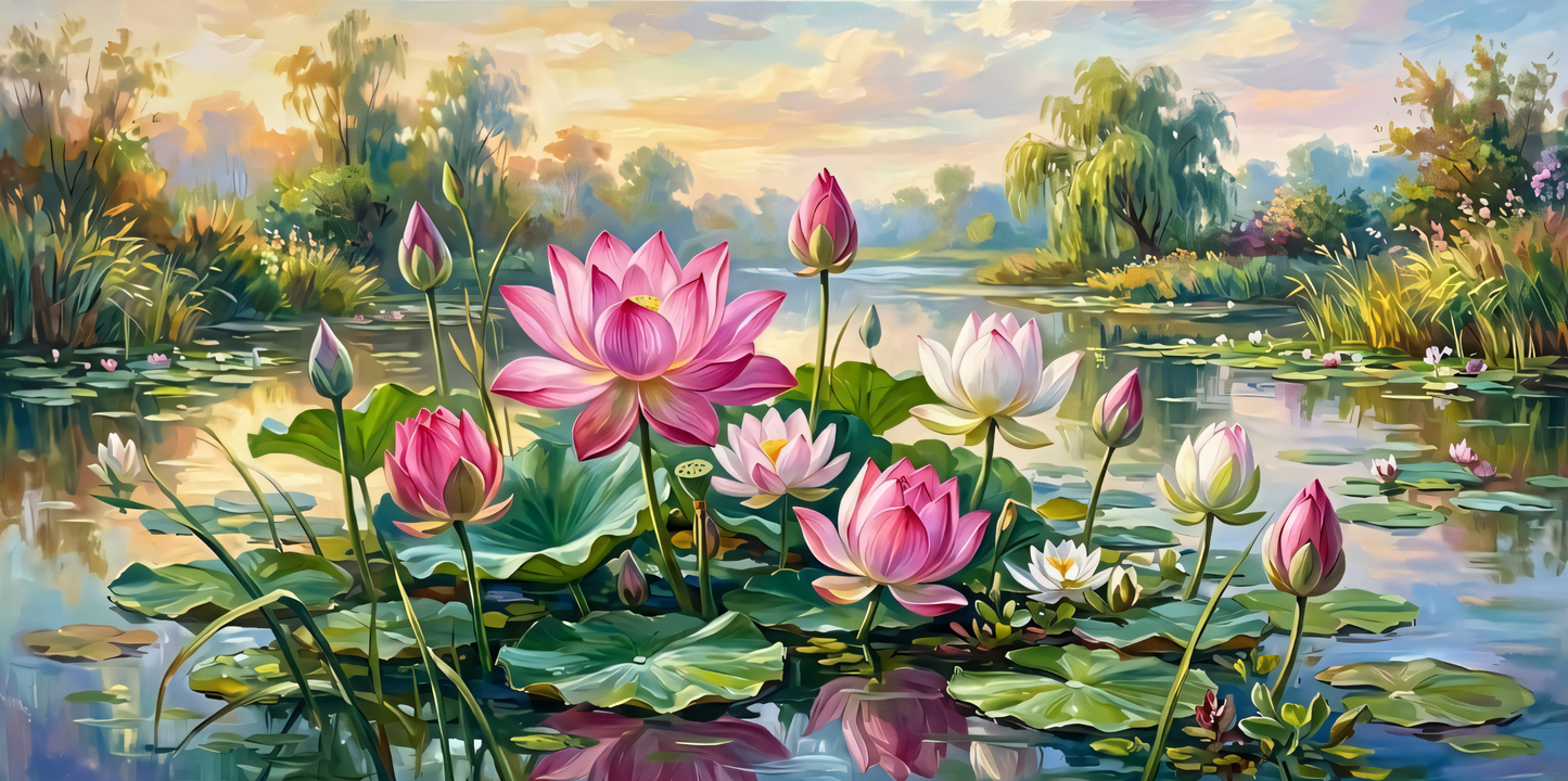 Pink Lotus Pond Canvas Art Print - Panoramic Monet-Inspired Water Lily Landscape Wall Decor