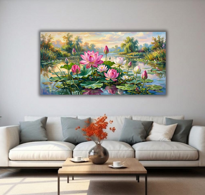 Pink Lotus Pond Canvas Art Print - Panoramic Monet-Inspired Water Lily Landscape Wall Decor