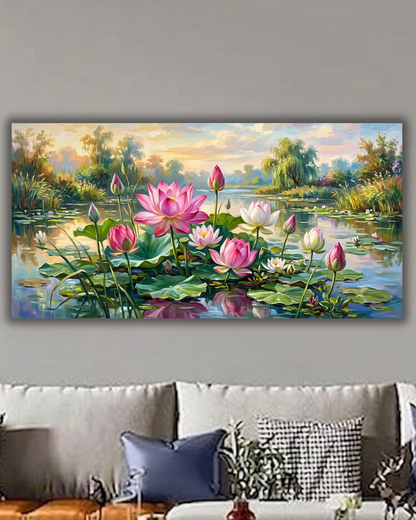 Pink Lotus Pond Canvas Art Print - Panoramic Monet-Inspired Water Lily Landscape Wall Decor