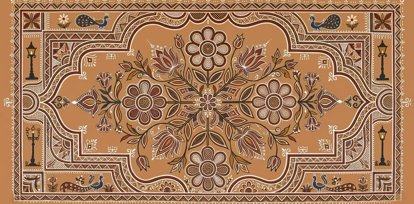 Traditional Indian Folk Art Canvas Art Print - Terracotta Mandala Wall Decor with Peacocks