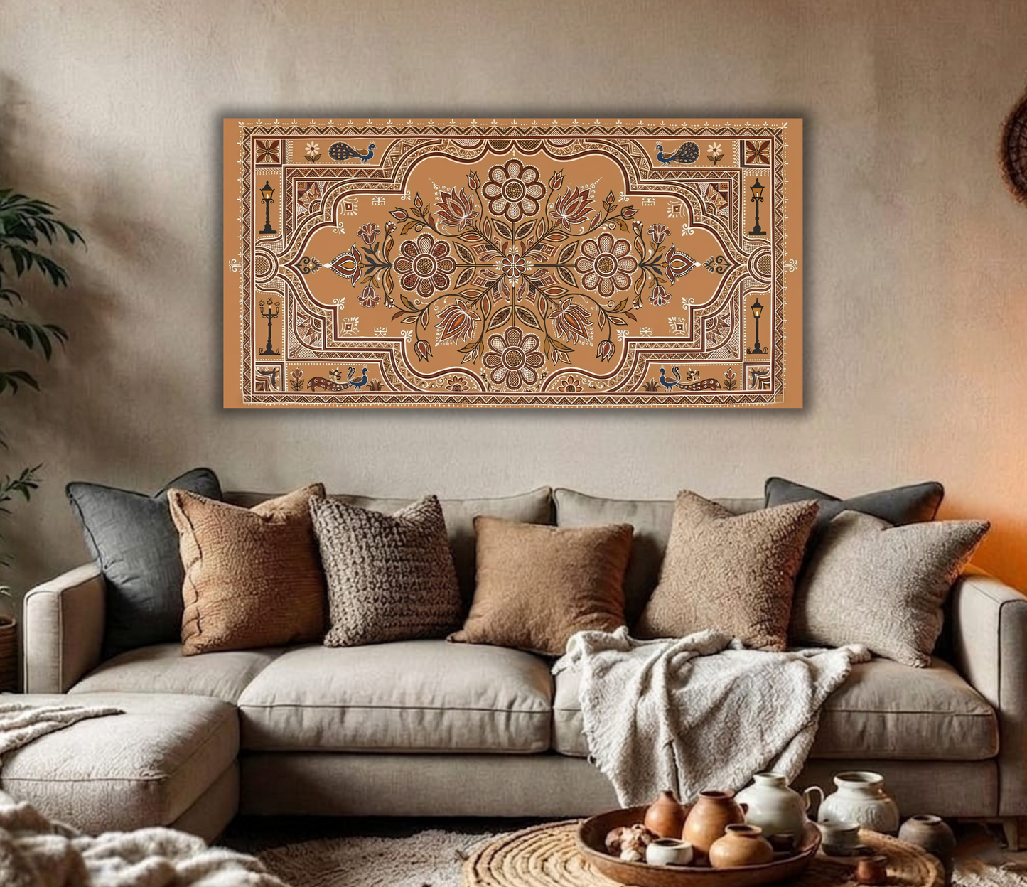 Traditional Indian Folk Art Canvas Art Print - Terracotta Mandala Wall Decor with Peacocks