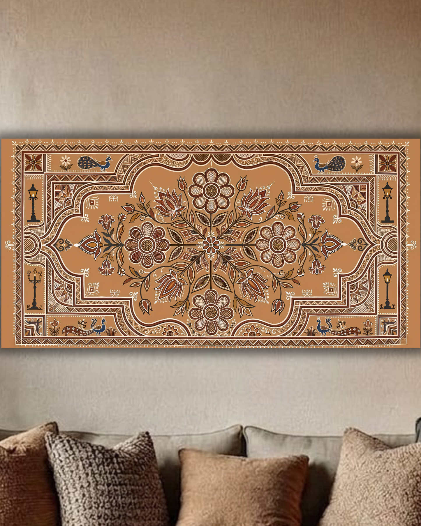 Traditional Indian Folk Art Canvas Art Print - Terracotta Mandala Wall Decor with Peacocks