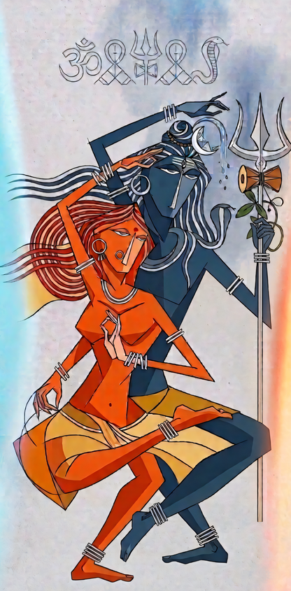 Shiva Parvati Abstract Canvas Art Print - Modern Geometric Cubist Wall Decor
