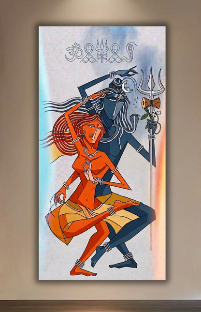 Shiva Parvati Abstract Canvas Art Print - Modern Geometric Cubist Wall Decor