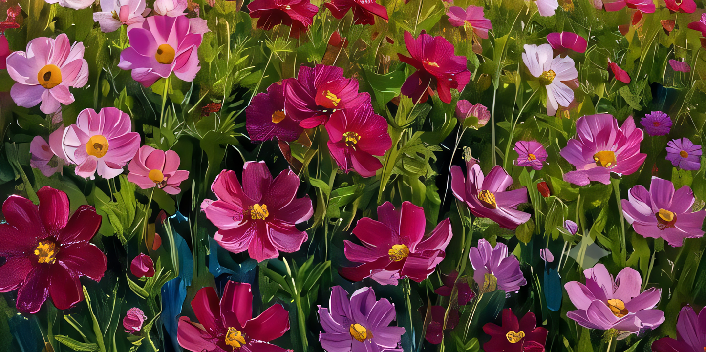 Blooming Cosmos Flower Field Canvas Art Print - Horizontal Impressionist Wildflower Meadow Wall Decor