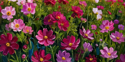 Blooming Cosmos Flower Field Canvas Art Print - Horizontal Impressionist Wildflower Meadow Wall Decor